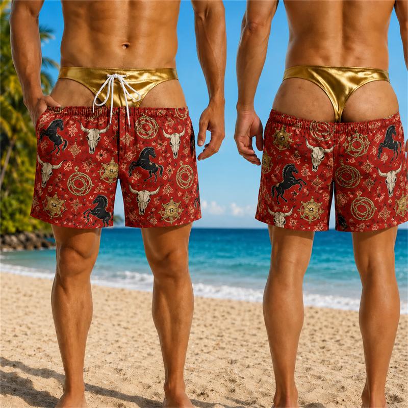 Men Funny Fake Buttocks Pattern Boardshorts Print Novelty Cowboys Swimwear Optical Illusion Thong Hilarious Swim Shorts Gifts