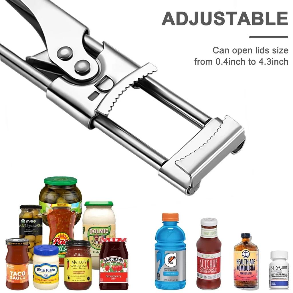 Adjustable Stainless Steel Non-Slip Multi-Functional Jar & Bottle Opener Ergonomic Heavy Duty Kitchen Tool