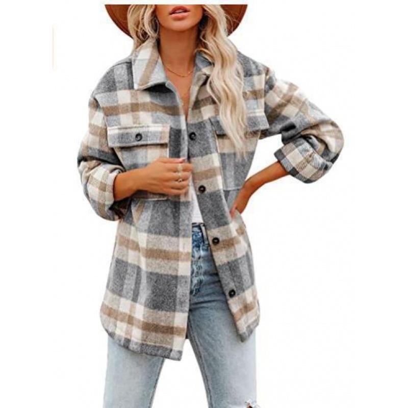 Spring and Autumn Women's Brushed Plaid Shirts Long Sleeve Flannel Lapel Button Down Pocketed Shacket Flannel Jacket Coats