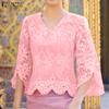 Women Casual V-Neck 3/4 Sleeve Loose Lace Patchwork Blouse