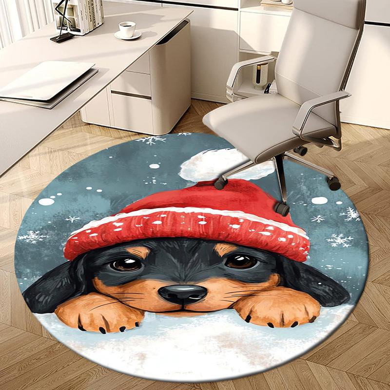 1pc Christmas puppy with Santa hat Round carpet, Made of Polyester,Office Chairs, Living Rooms, Or Bedrooms, a Cool Rug for The Living Room.ydt26039