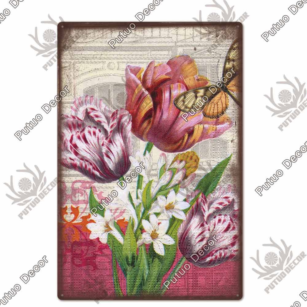 Putuo Decor Flower Vintage Tin Sign Plaque Metal Retro Wall Art Poster for Garden Living Room Club Decoration