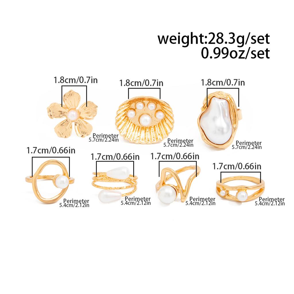 7Pcs/Set Vintage Irregular Imitation Pearl Rings for Women Fashion Geometric Metal Flower Rings Set Bohemian Jewelry Accessories