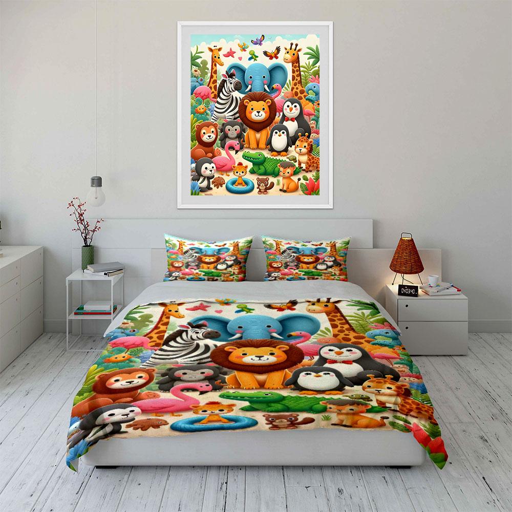 "Cartoon Animal Decor Set" Bedding Set with 1 Duvet Cover 2 Pillowcases Single Double King Queen, Gift