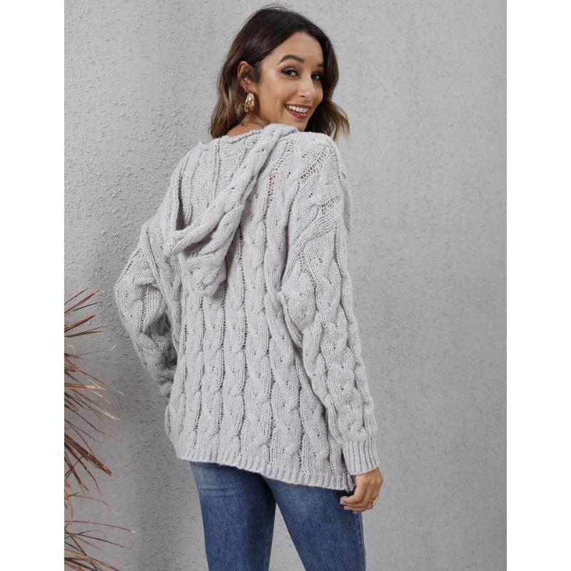Autumn and Winter Women's Thickened Twist Knit V-Neck Hooded Loose Pullover Sweater