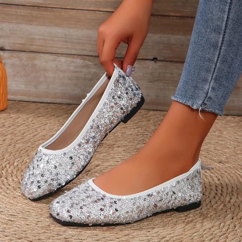 Shoes for Women 2024 Hot Sale One Kick Women's Flats Autumn Square Toe Sequins Solid Solft Sole Casual Flats Comfortable Shoes