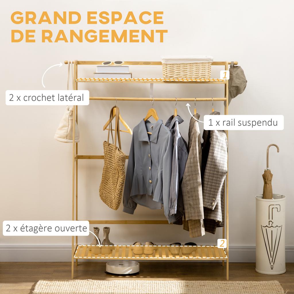 Clothes Rack Wardrobe Coat Stand With 2 Shelves 2 Hooks And 1 Hanging Bar In Bamboo