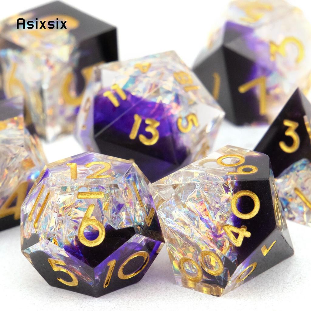 7 шт., фиолетовые, белые, золотые кубики с острыми краями, многогранные кубики из смолы, подходящие для ролевых ролевых игр, настольная игра