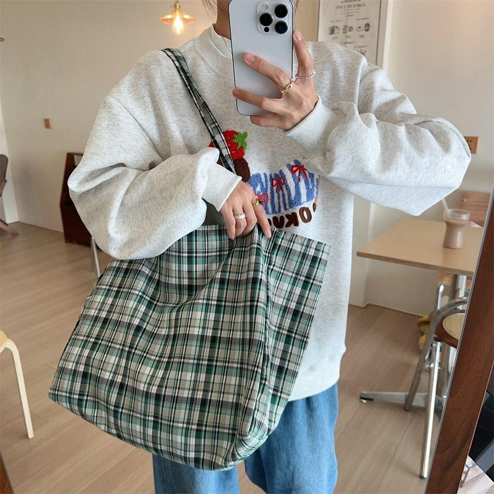 Travel Canvas Tote Bag Korean Style Women Handbag Fashion Plaid Shoulder Bag  Girls
