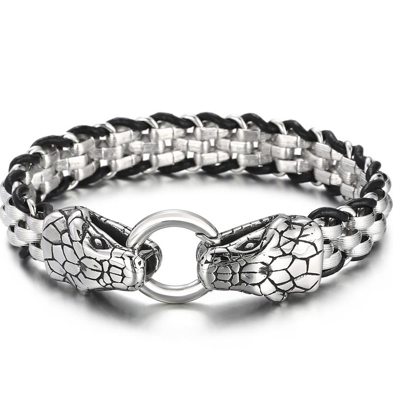 Готический однотонный браслет из нержавеющей стали со змеиной головой для мужчин, байкерский мужской браслет, плетеный кожаный ремешок на запястье со змеиной головой