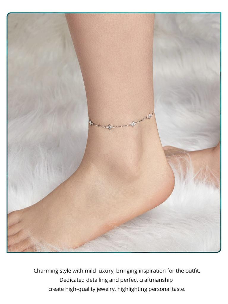 BAMOER 925 Sterling Silver Four-Leaf Clover Anklet Exquisite Sparkling Versatile Anklet For Women Fine Jewelry Party