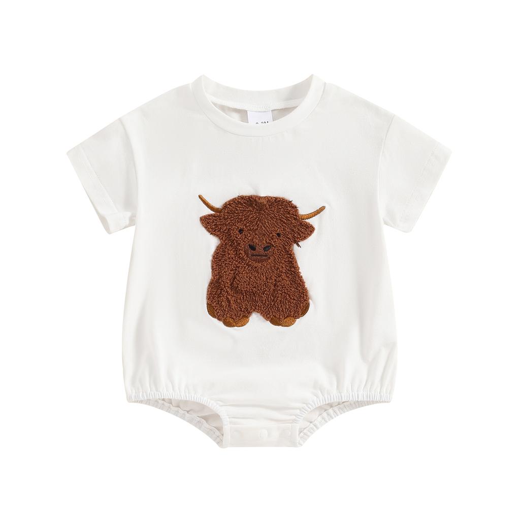 Baby Summer Romper Highland Cow Embroidery Short Sleeve Newborn Jumpsuit for Toddler Boy Girls Cute Clothes