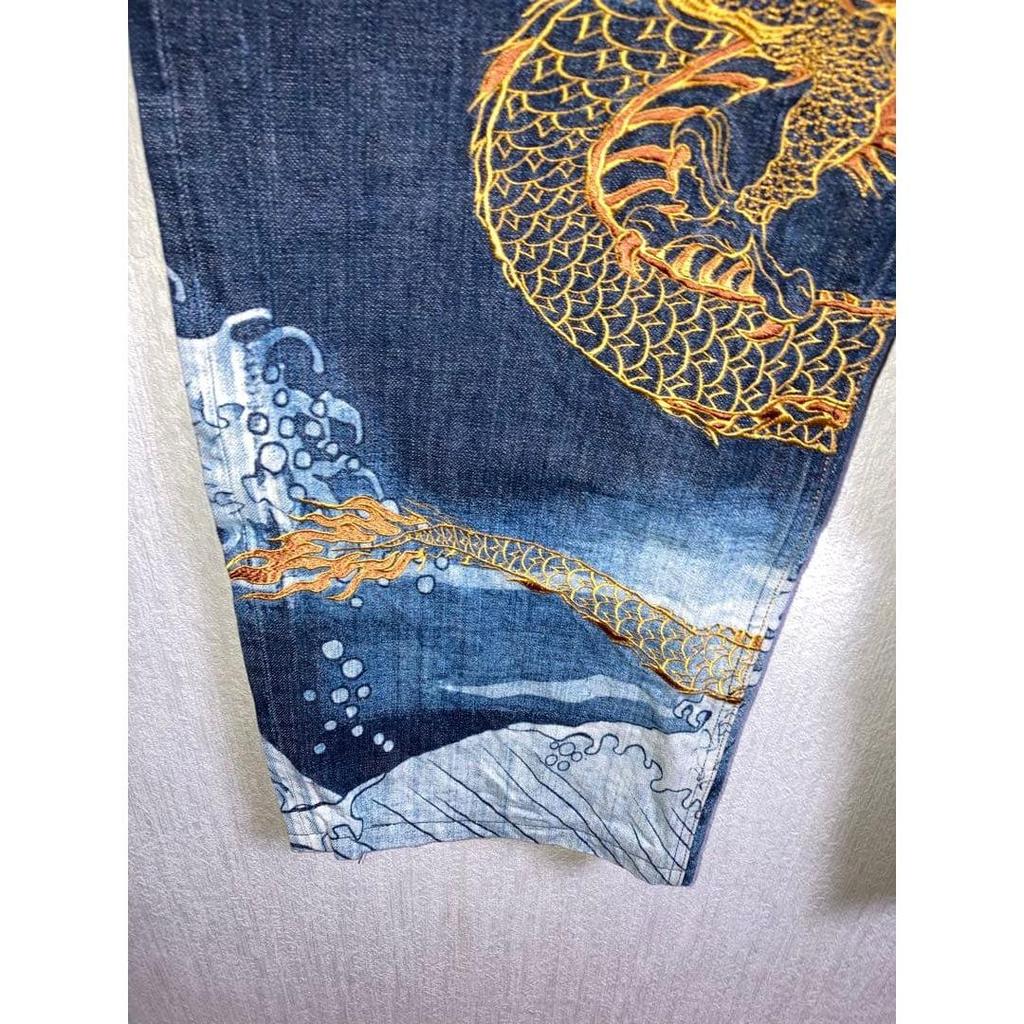 Used Excellent condition, Karaku-Tamashii, extra-wide baggy, dragon, embroidery, wave, Japanese pattern, denim, jeans, 110cm