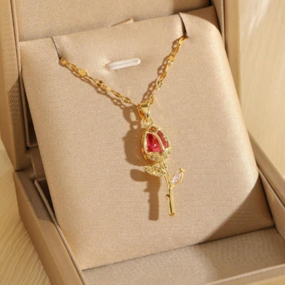 Elegant Zircon Pendant Layered Stainless Steel Choker Tulip Flower Pendant Necklace For Women