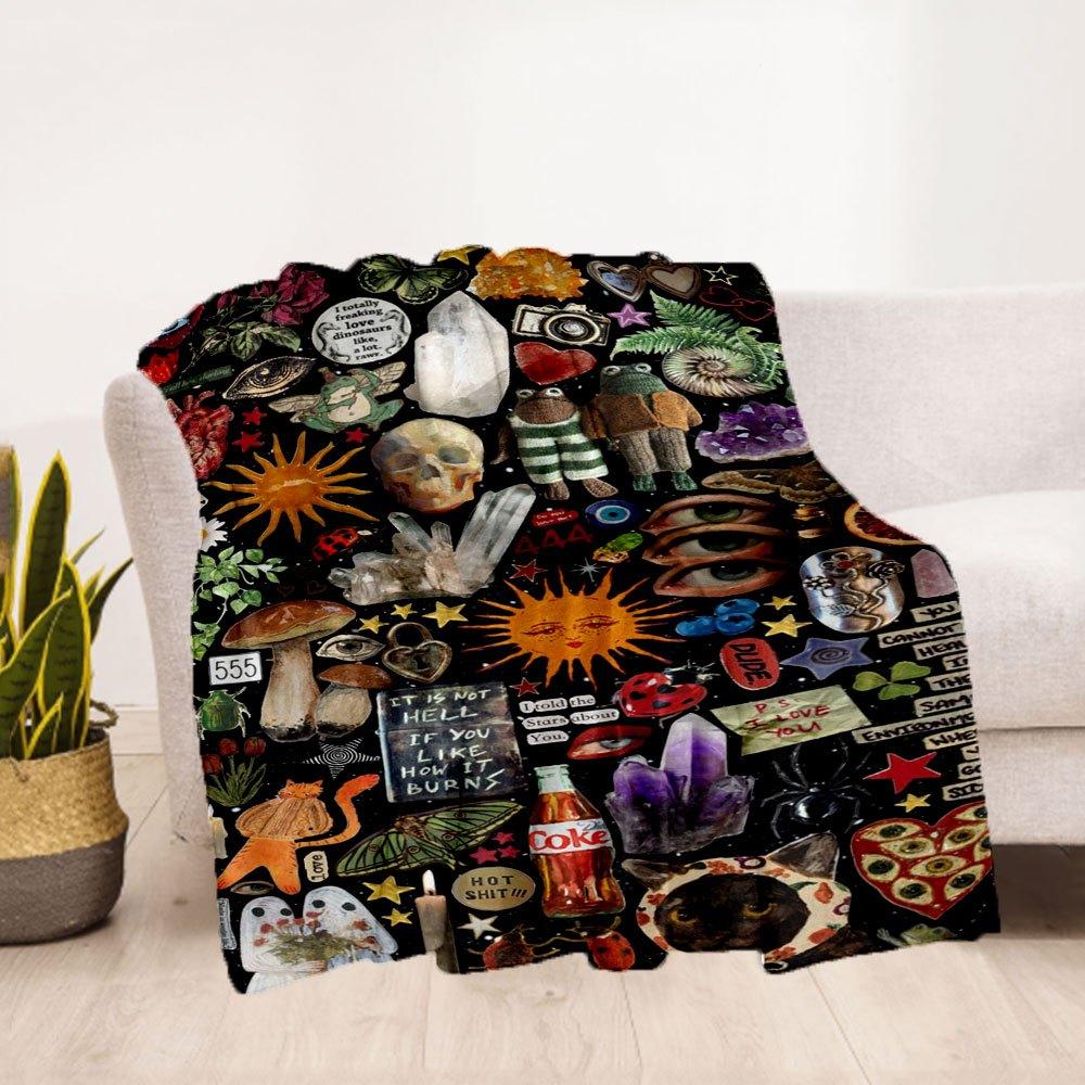 "Bohemian Vibes: Eclectic Collage Art Print"Blanket Flannel Throw Blanket for Sofa, Bed, Travel, Camping, Office