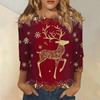 Women's Fashion  And Winter Casual Round Neck Brushed Ribbed Christmas Print Three-quarter Sleeve T-shirt Women's Clothing
