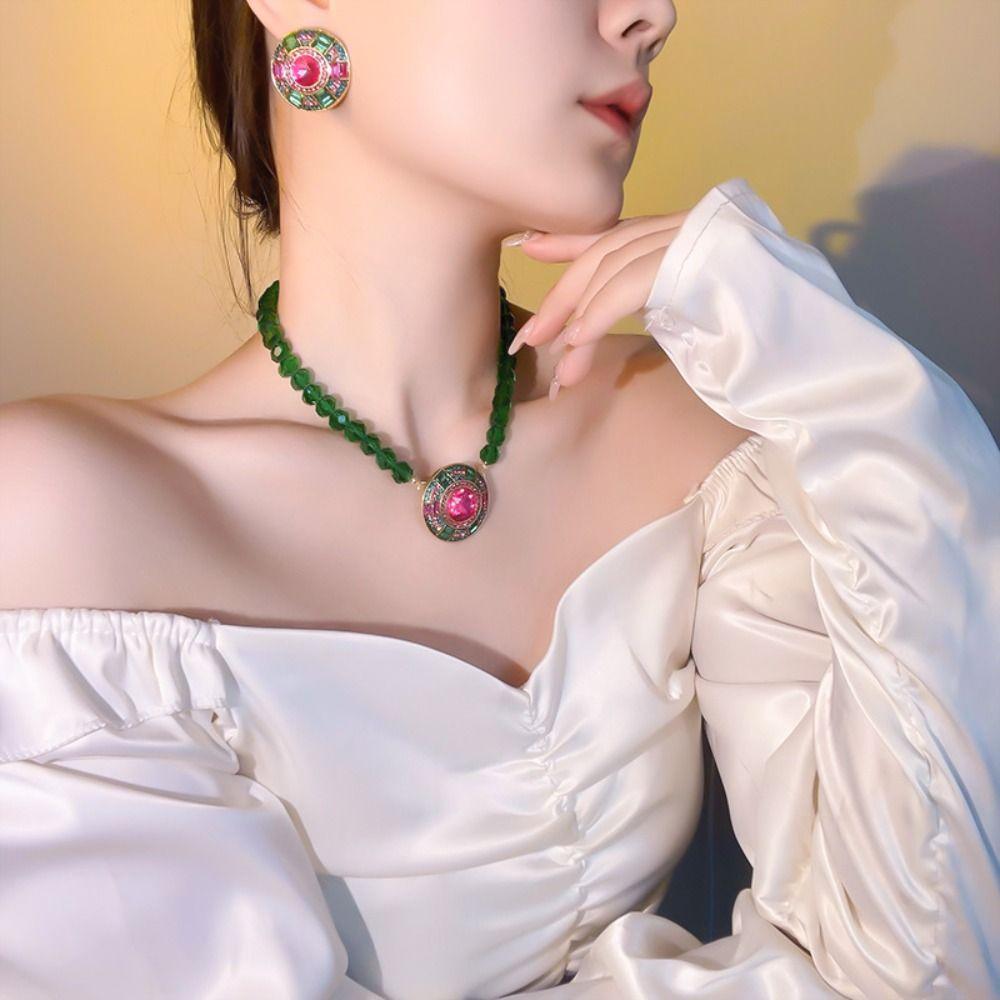 Ретро круглые серьги-гвоздики со стразами модная подвеска изысканное зеленое хрустальное ожерелье для женщин