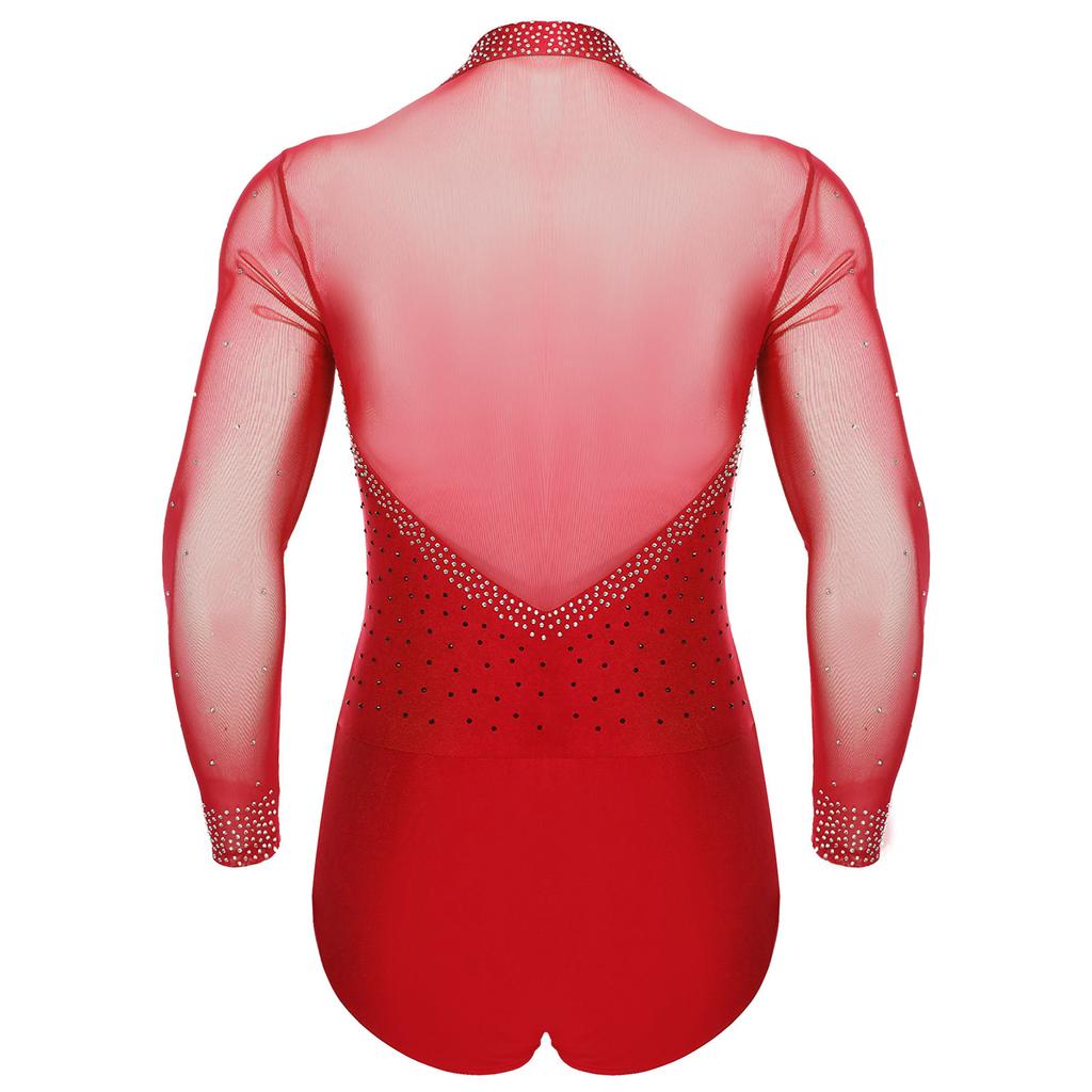 Mens Latin Dance Leotard Lapel Collar Sheer Mesh Patchwork Long Sleeve Sparkly Rhinestone Bodysuit Tango Costume