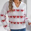Autumn Winter Vintage Loose Long Sleeve Top Heart Print Cardigan Knitwear V-Neck Sweater