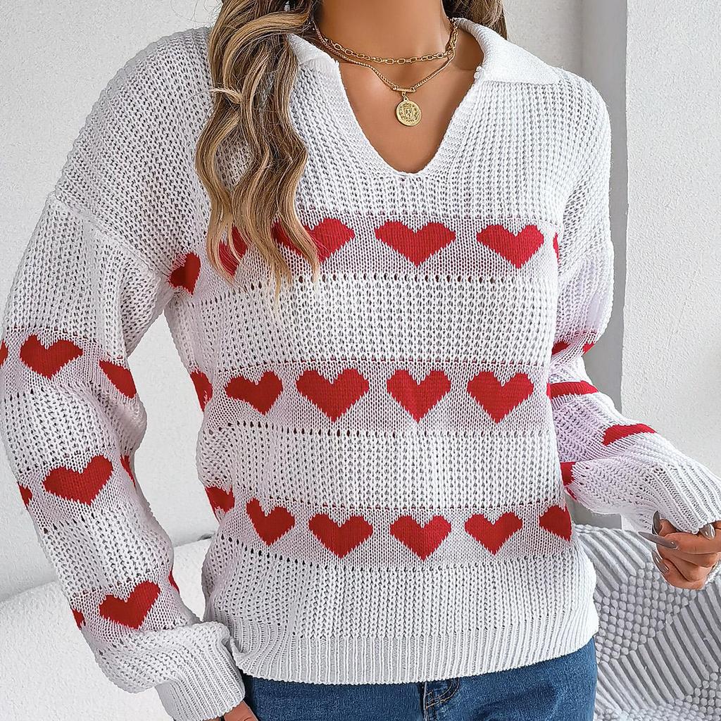 Autumn Winter Vintage Loose Long Sleeve Top Heart Print Cardigan Knitwear V-Neck Sweater