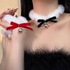 Elegant White Plush Choker with Bow & Bell - Women's Winter Necklace