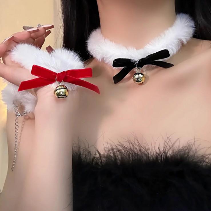 Elegant White Plush Choker with Bow & Bell - Women's Winter Necklace
