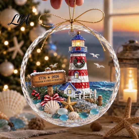 Vintage Christmas Party Supplies 250 Anniversary USA Sea Glass Ornament, 1776-2026 Patriotic Faux Crystal Holiday Season Ornament Clear Keepsake,