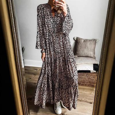 Длинное женское модное платье свободного кроя с V-образным вырезом на пуговицах с леопардовым принтом на весну и осень