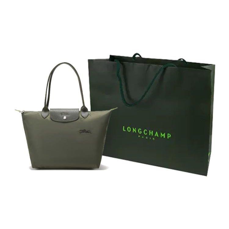 Longchamp Le Pliage Green 28 с длинными ручками Экологичная холщовая сумка-тоут через плечо "Пельмень" Средний размер Женские сумки Лесной зеленый 2605919479