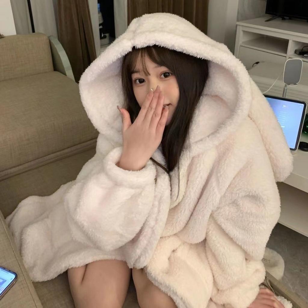 Autumn and Winter Ladies Warm Pajamas Homewear Rabbit Ears Ins Girls Student Pajamas Cartoon Robe Bathrobe Homewear