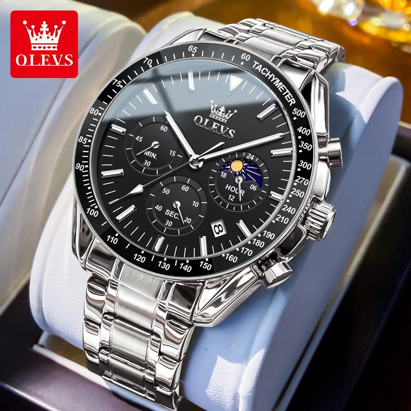 Мужские кварцевые часы с тремя глазами и фазами Луны, водонепроницаемые, светящиеся, с календарем, подходят для повседневного бизнеса