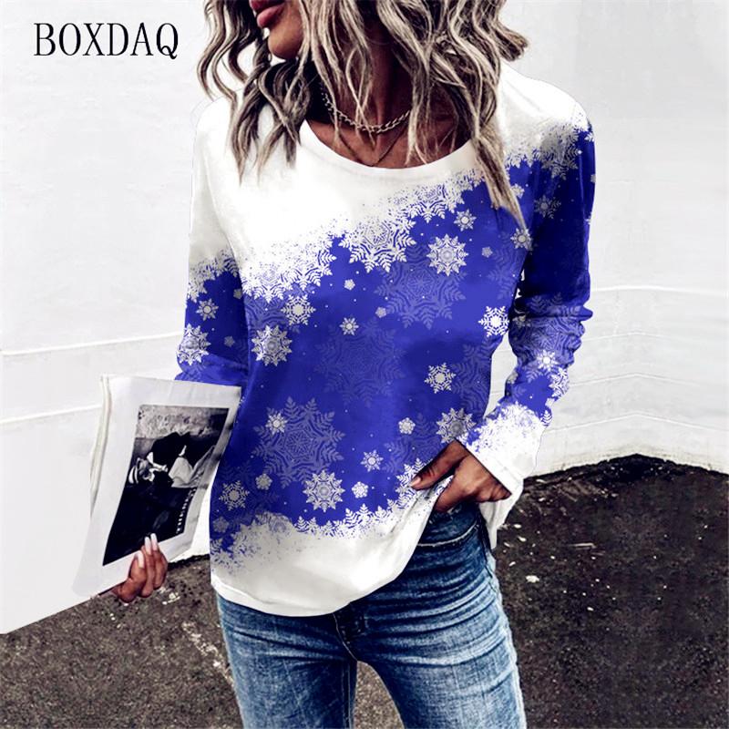 Женские футболки с рисунком снежинок, осень-зима, уличная одежда с длинными рукавами в рождественском стиле, женские футболки 6XL, повседневные топы больших размеров