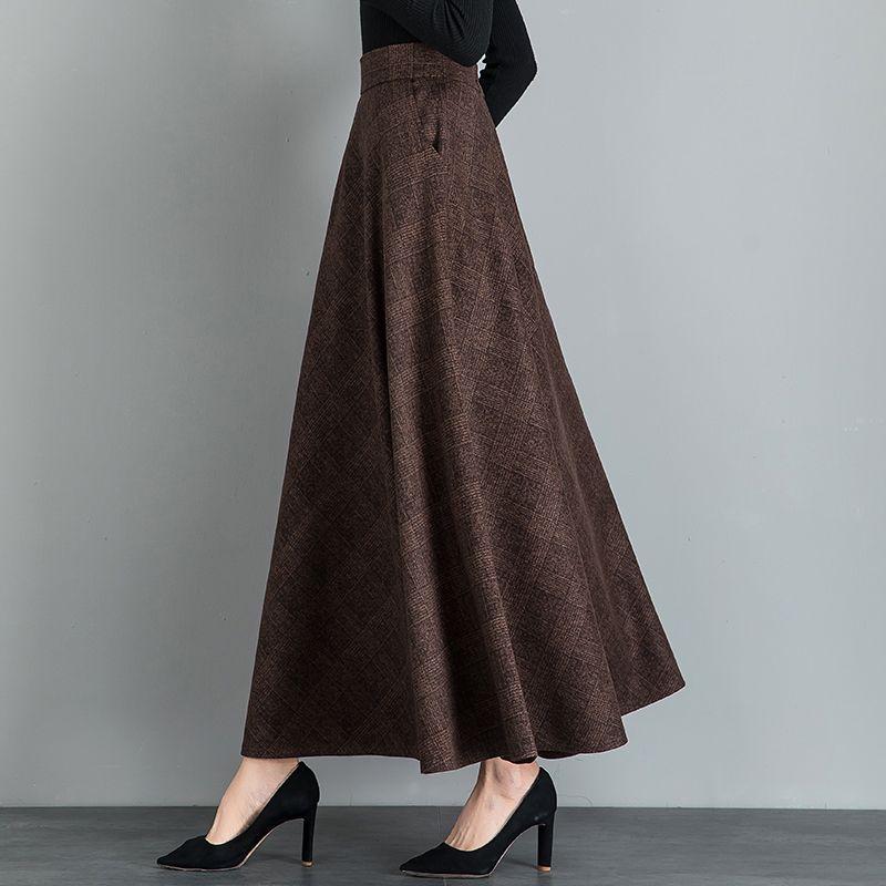 New Woolen Plaid Skirt for Women Mid-length Autumn and Winter Slimming High-waisted A-line Skirt Casual Long Skirt