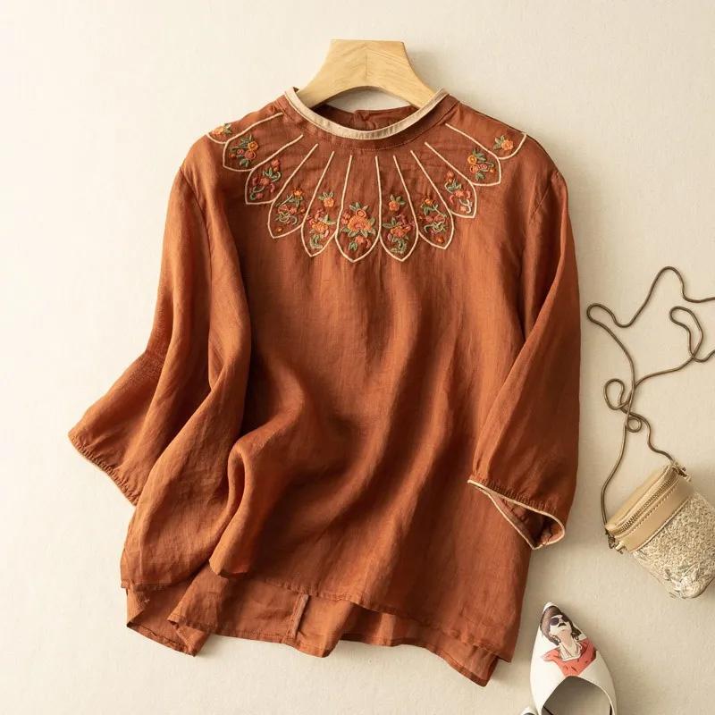 Cotton Shirt Tops Women Summer Linen Loose T-shirt Printed Casual Pullover Vintage Comfortable Soft Top