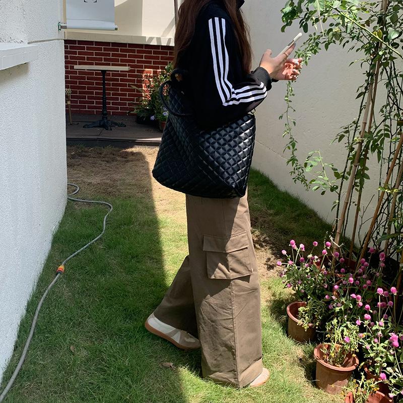 Versatile PU Leather Tote Bags Simple Women's Rhomboid Lattice Shoulder Bags Fashion Black Large Capacity Handheld Handbags