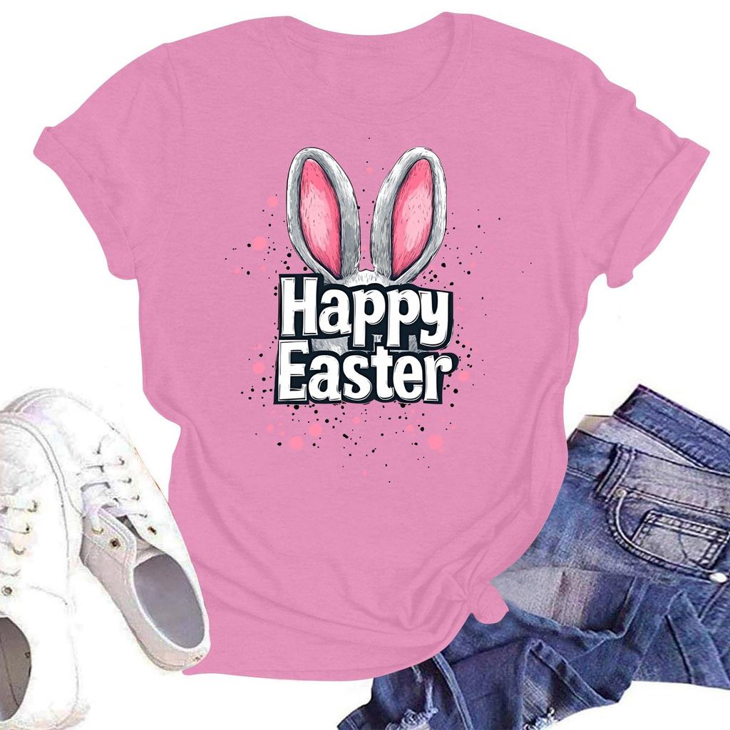 Happy Easter Women's Fashion Printed Round Neck Short Sleeve T-Shirt Pullover Top