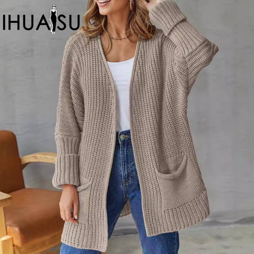IHUASU Women's Large Size Casual Pocket Knitted Cardigan Sweater Commuter Style Loose Mid-Length Jacket