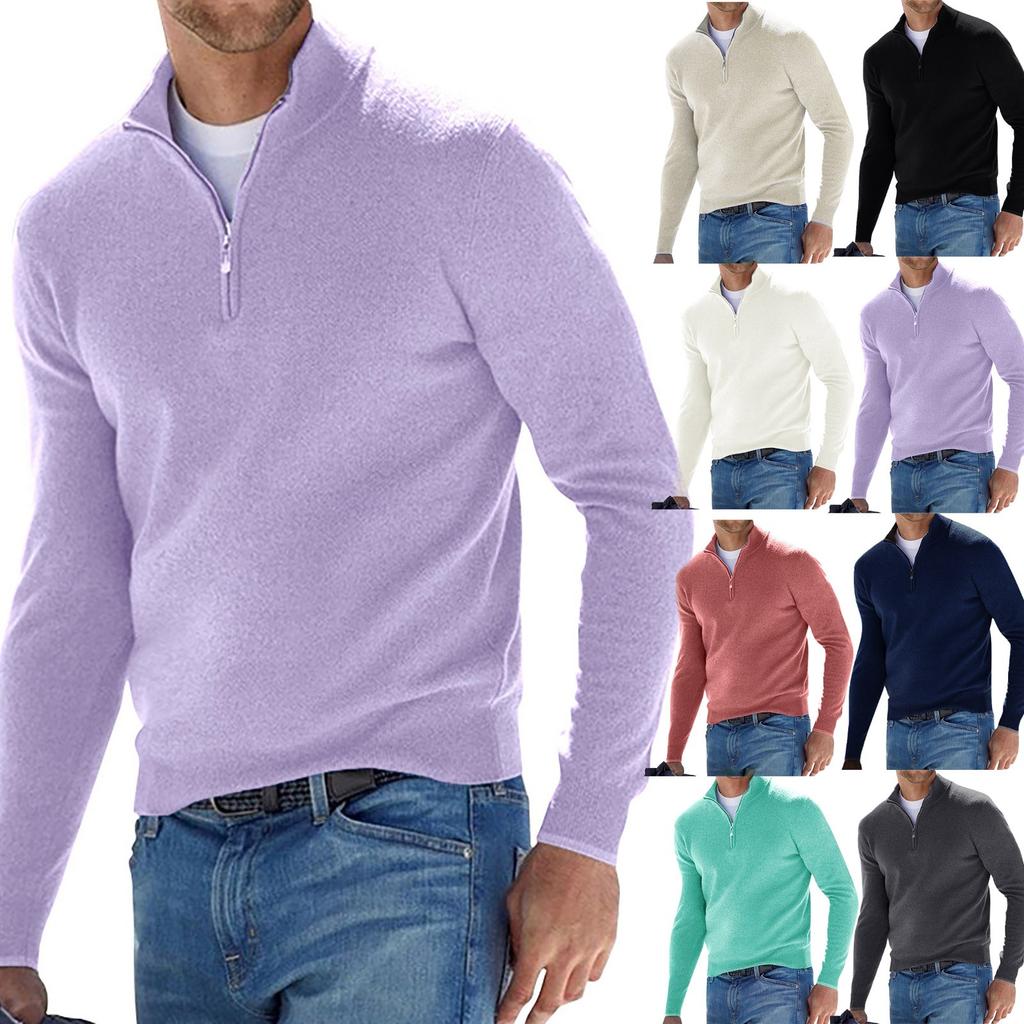Men's Casual Classic Zipper High Neck Solid Color Slim Knitted Pullover