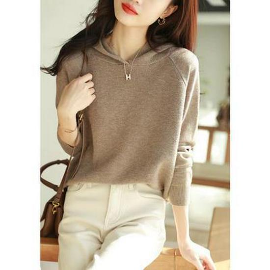 Women's Loose Fit Cashmere Hoodie - Spring/Autumn Korean Style Wool Knit Sweater