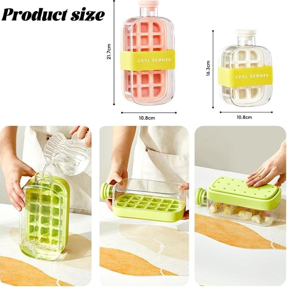 Ice Cube Bottle with Straw, 2 In 1 Touch-Free Push-Type Ice Cube Making Bottle, Easy Release Water Bottle Ice Mold