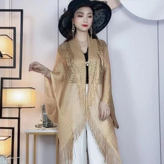 Summer Beach Smock Hollow Out Tassel Decor Sunscreen Loose Quick Dry Swimsuit Cover-up Open Beachwear Poncho