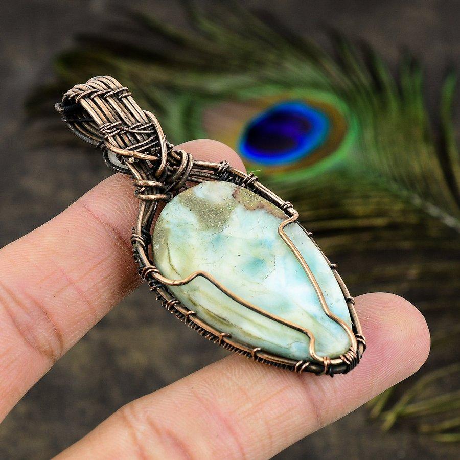 Caribbean Larimar Handmade Copper Wire Wrap Jewelry Pendant 2.76" g3P37