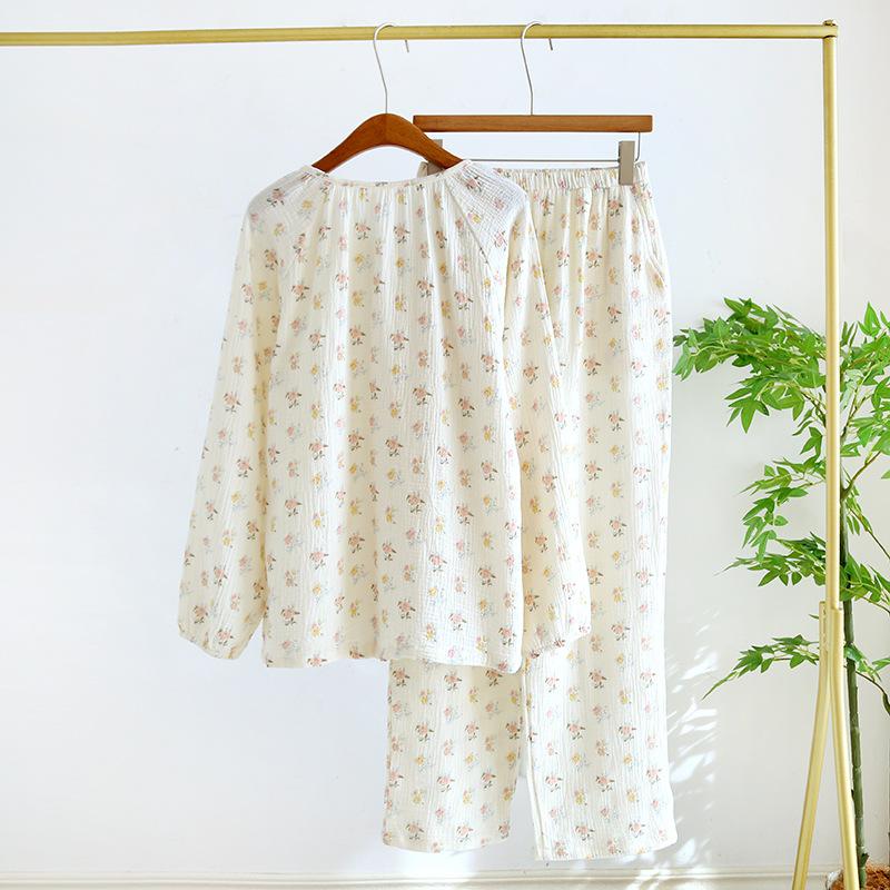 2025 Новый весенне-летний женский пижамный комплект из 100% хлопкового крепа с длинными рукавами и брюками с круглым вырезом, комплект из двух предметов Fresh Home Fury