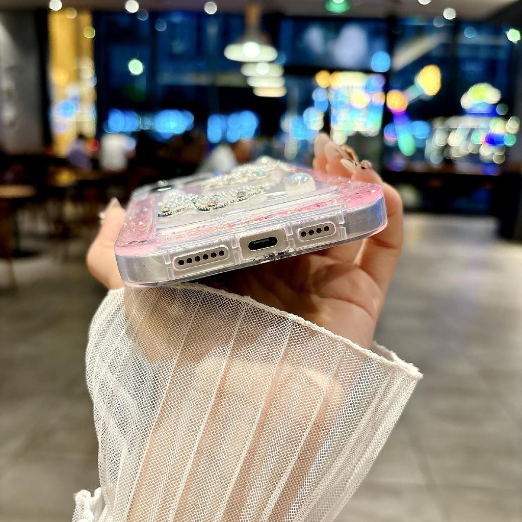 For iPhone 16 Pro Case with Case with Pearl Butterfly Decor Glitter Rhinestone Epoxy Design TPU Phone Cover