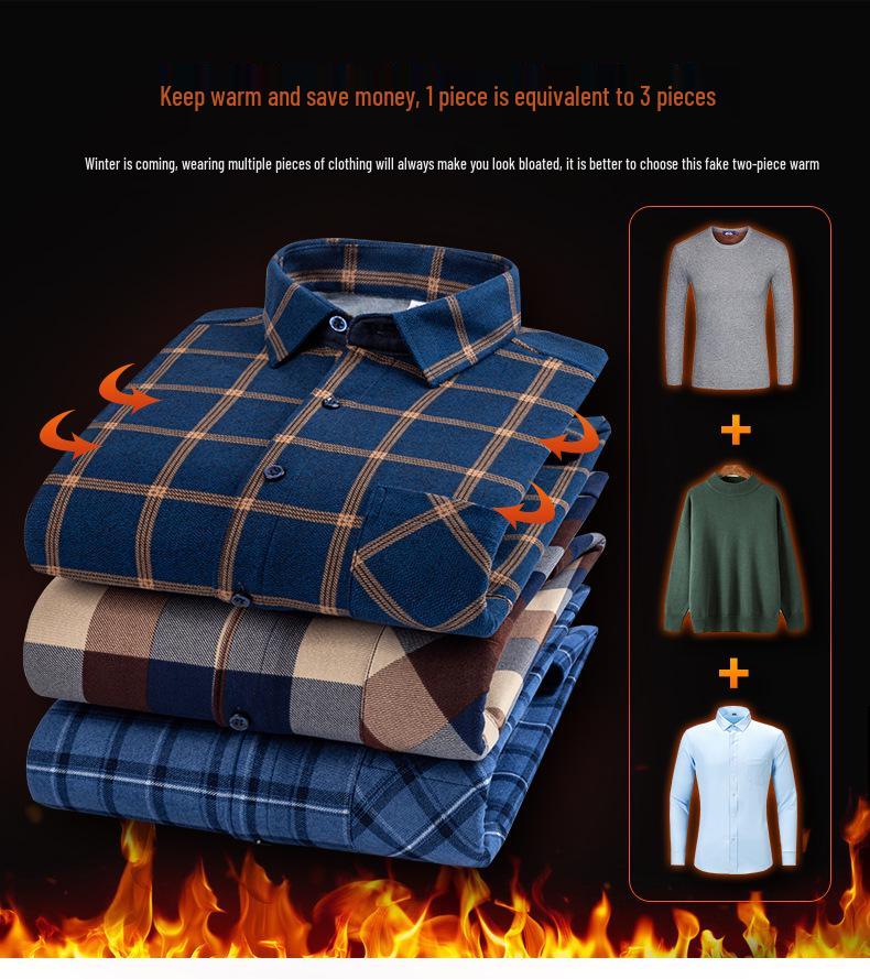 Мужская теплая клетчатая рубашка с длинным рукавом для осени/зимы - Business Casual, С начесом, Утолщенный внутренний слой, Идеально для пап среднего возраста