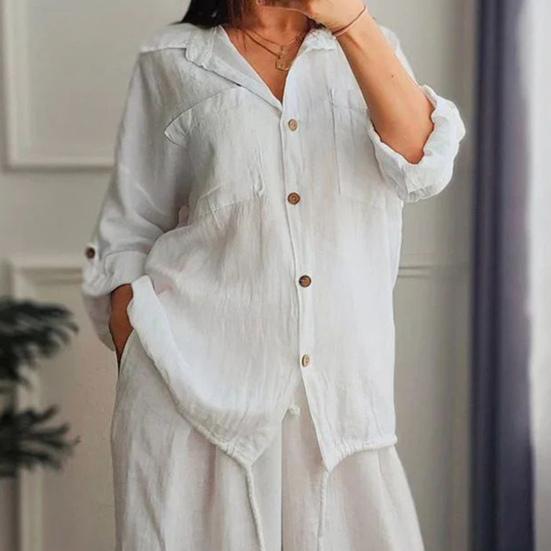 Женский комплект из хлопка и льна, 2 предмета, повседневная блузка с длинным рукавом на пуговицах и брюки с широкими штанинами, с кулиской по низу, для отдыха