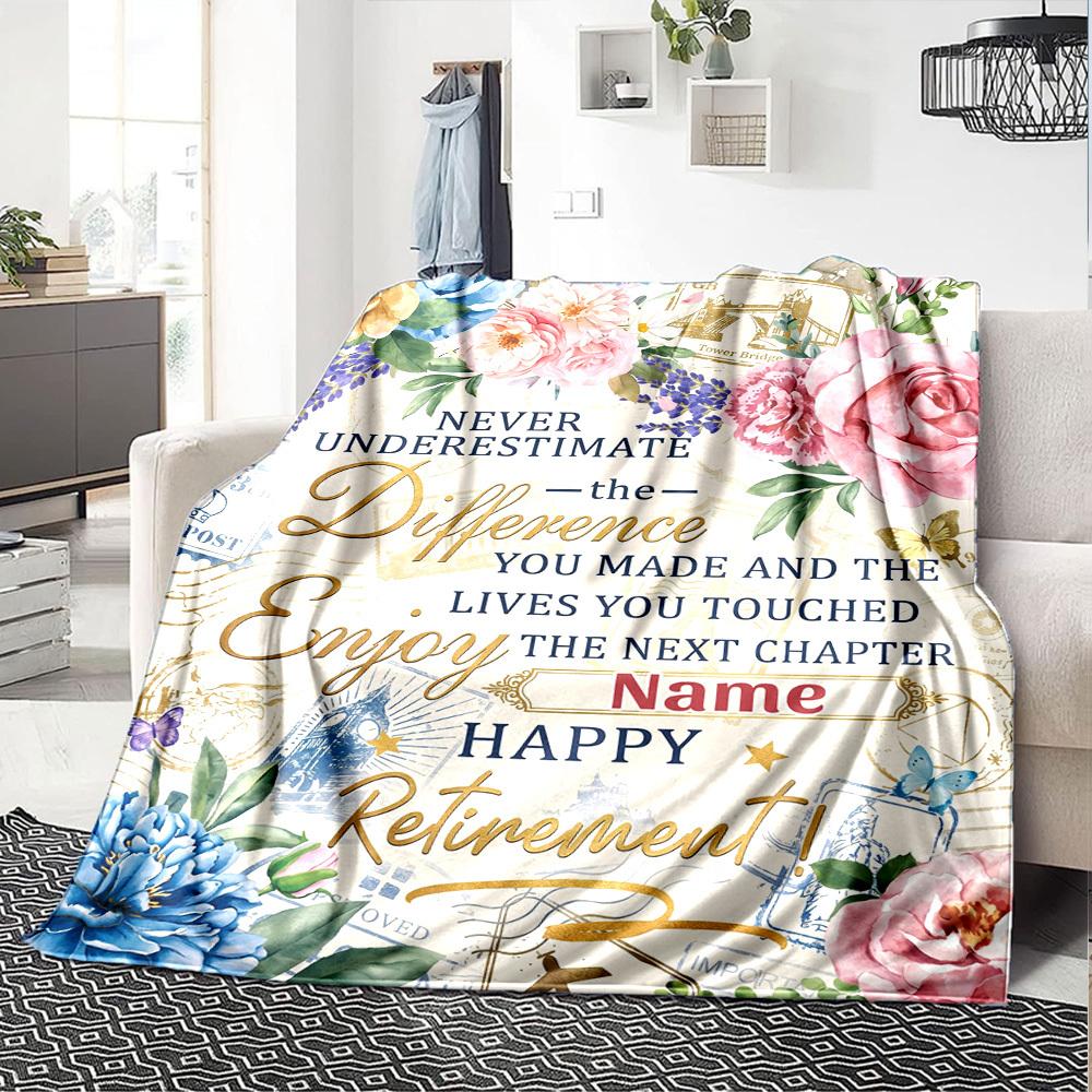 Retirement Celebration Floral Theme Blanket Personalized Name Soft Warm And Versatile For Sofa Bed Office And Travel Machine Washable Comfortable In