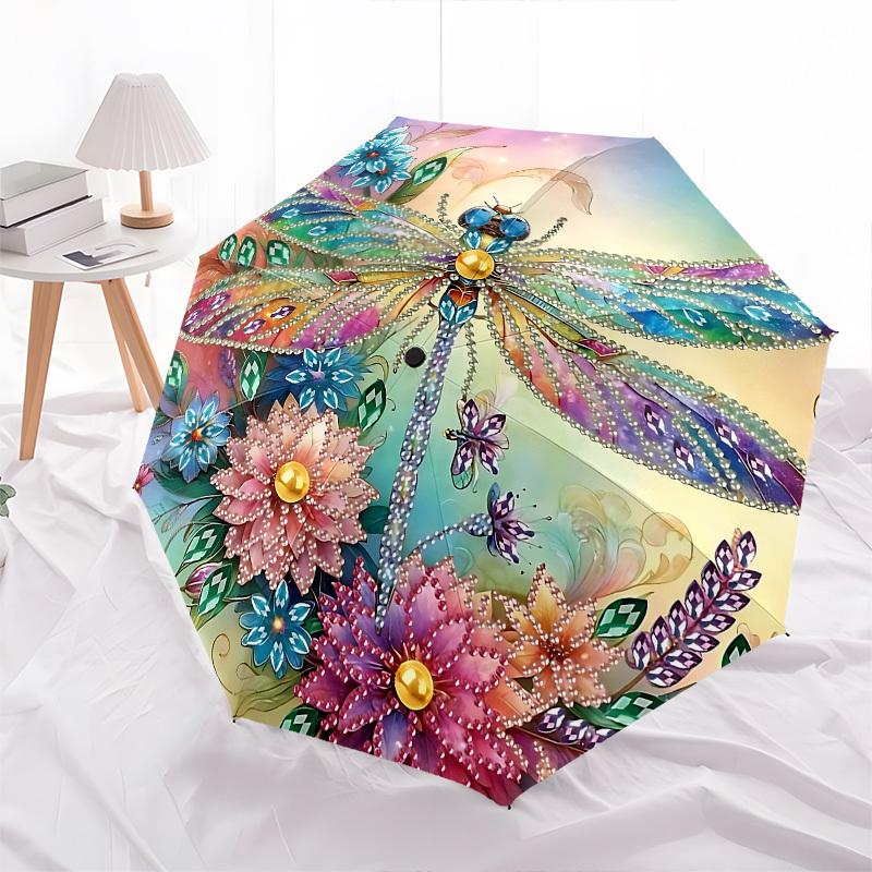 1pc Dragonfly Flowers umbrella with 8 iron ribs and a plastic handle, automatic opening and closing, portable and foldable1041