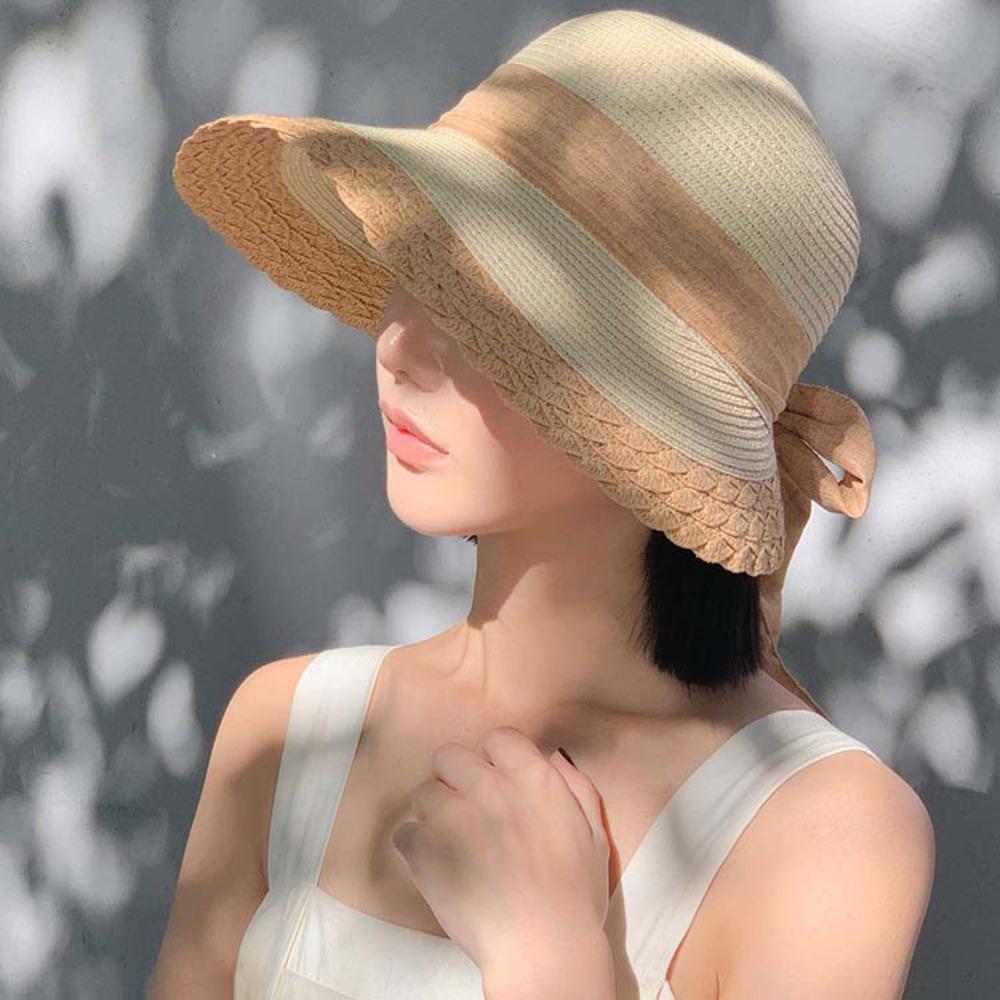 Hollow Out Straw Weaving Beach Hat Foldable Bow Fisherman Cap Big Brimmed Woven Cap Women