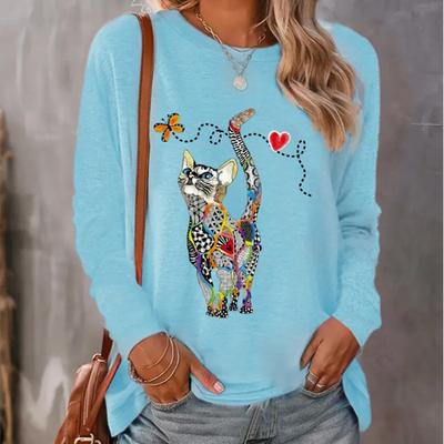 Топы для женщин с принтом «Кошка, гоняющаяся за бабочками», футболка с круглым вырезом и длинными рукавами, осенний повседневный тонкий пуловер, женский топ с длинными рукавами